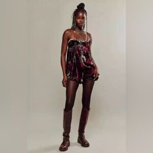 FREE PEOPLE LUNA Velvet Floral Romper in Washed Black Combo Size S NWT $148